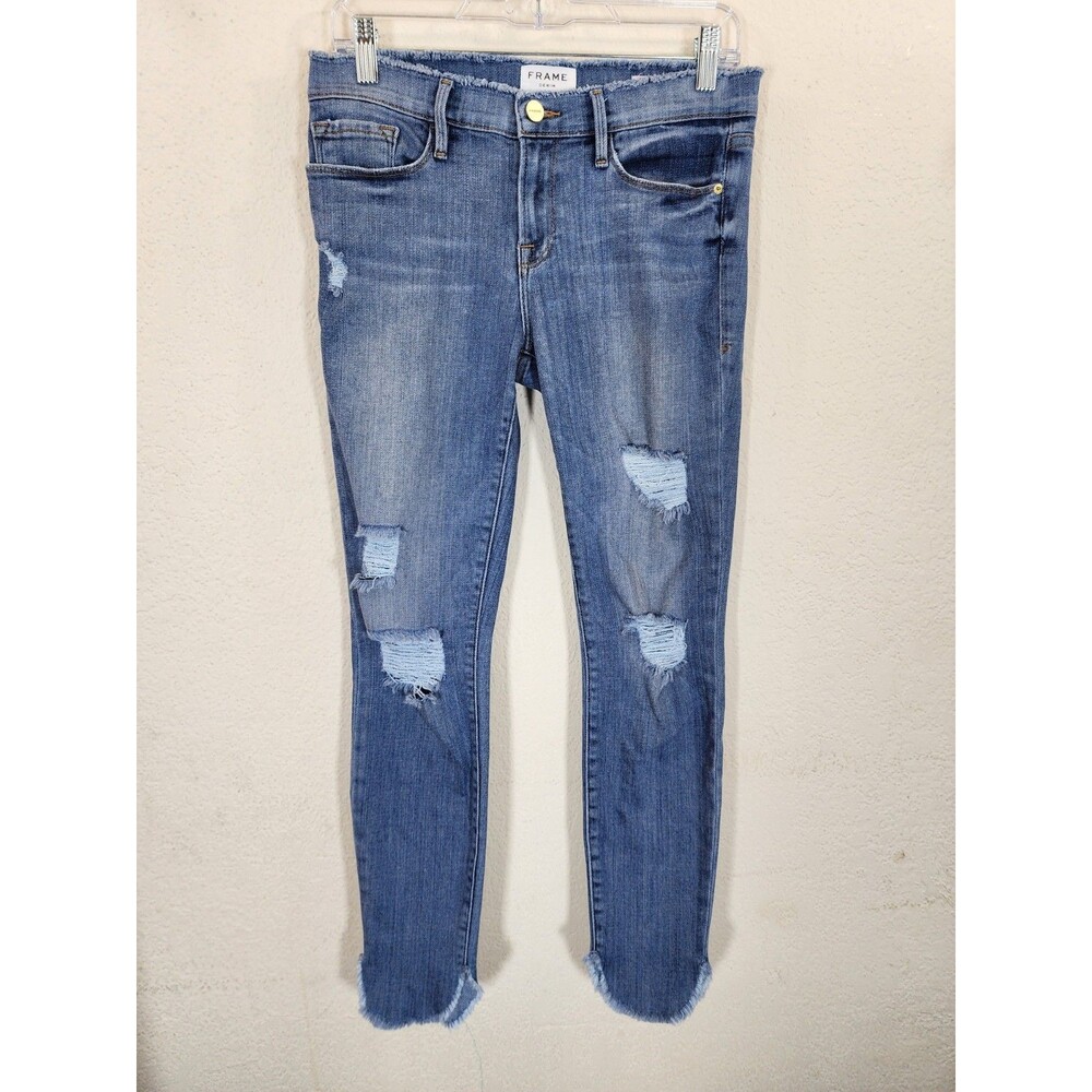 FRAME Le Skinny de Jeanne Jeans Womens 28 Medium Wash Distressed Raw Step Hem